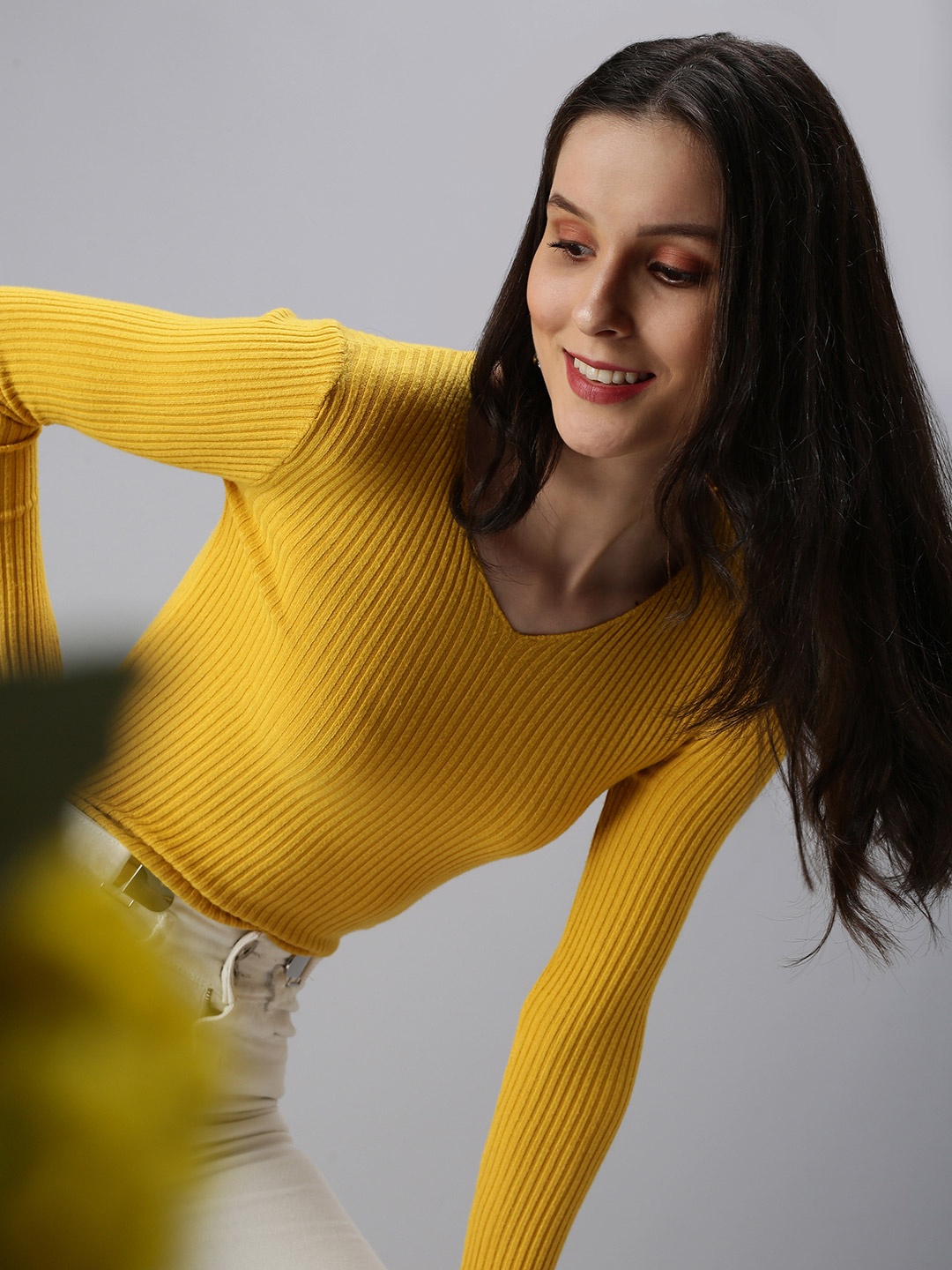 

SHOWOFF Mustard Yellow V-Neck Long Sleeves Top