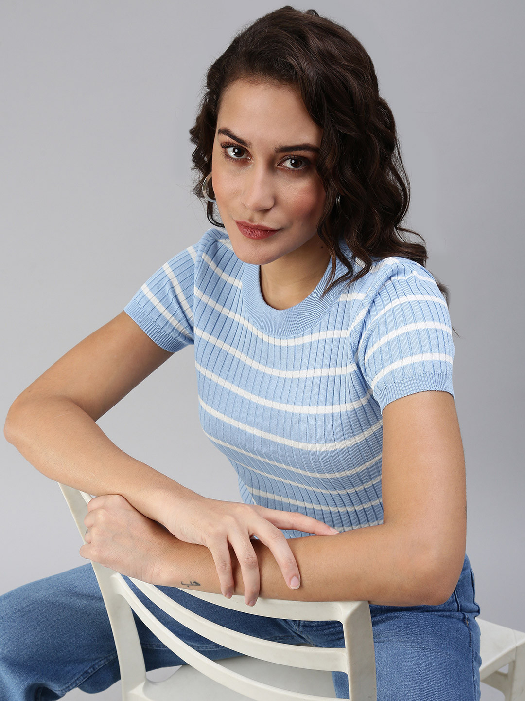 

SHOWOFF Blue & White Striped Crop Top