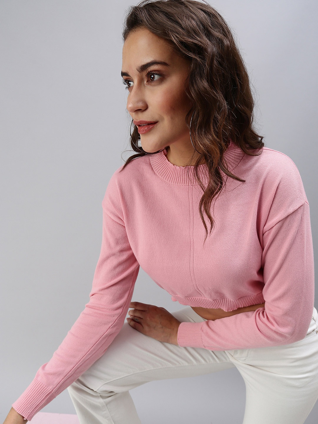 

SHOWOFF Women's Pink Shirt Style High Neck Crop Top