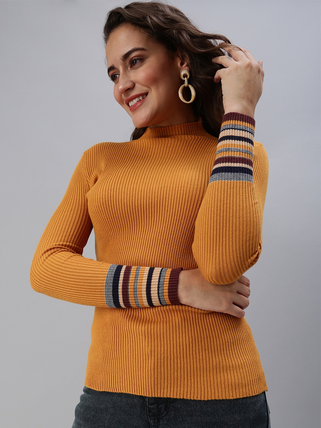 

SHOWOFF Mustard Yellow Ribbed Self Design Top
