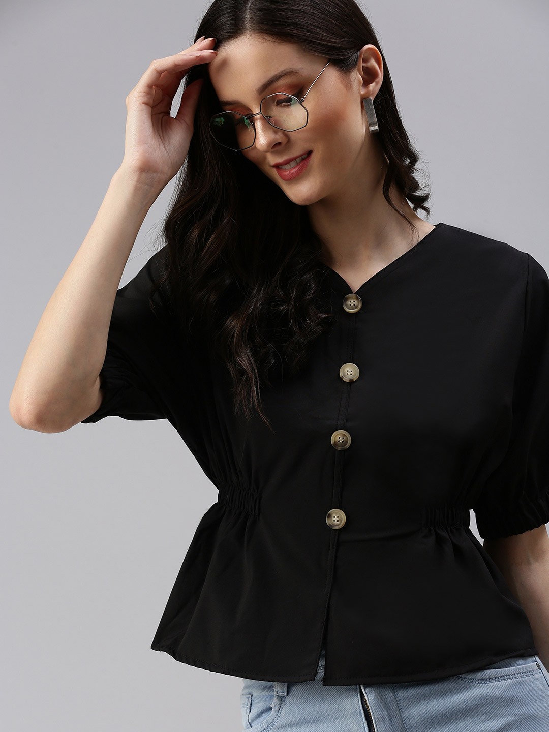 

SHOWOFF Women Black Cinched Waist Top