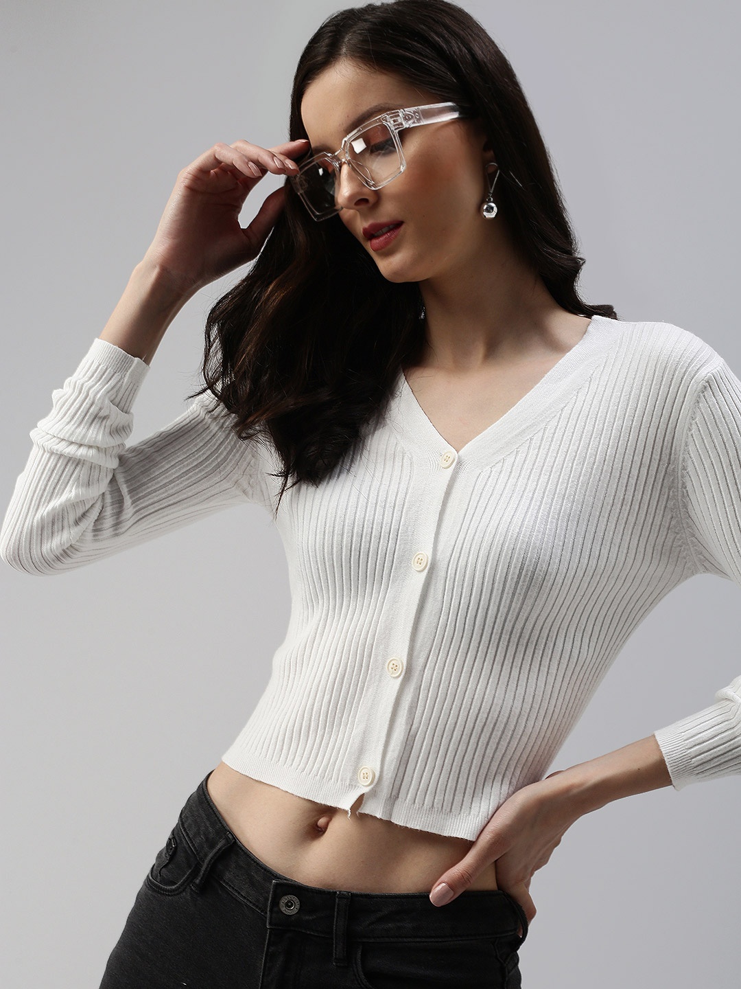 

SHOWOFF White Striped V-Neck Crop Top