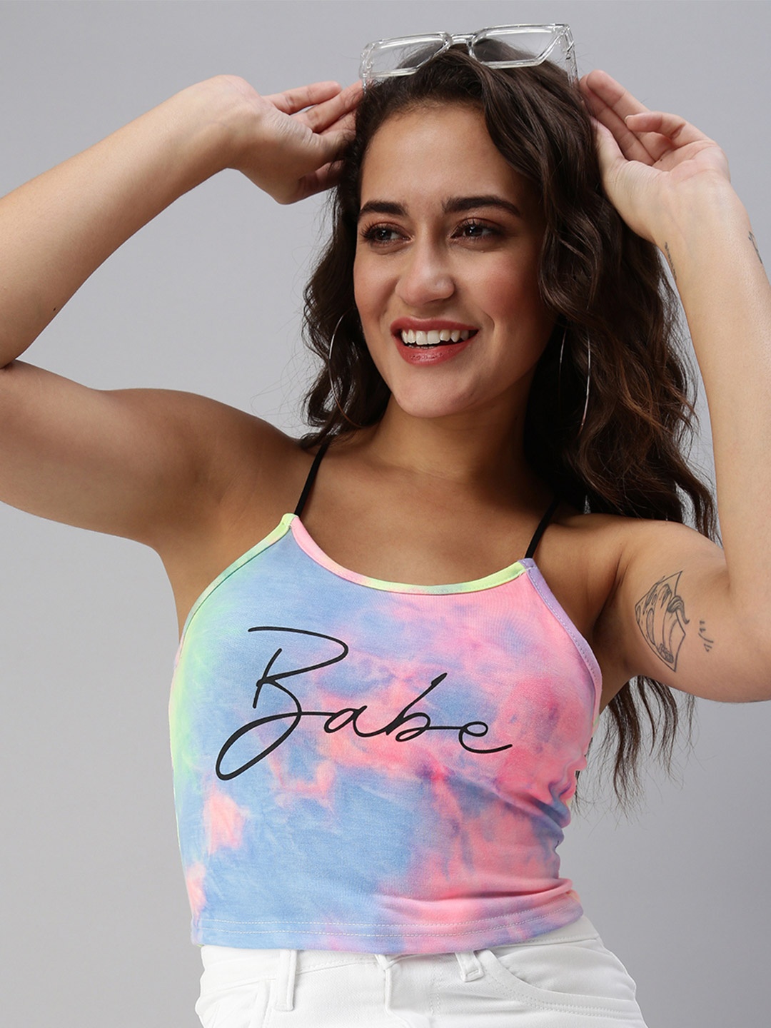 

SHOWOFF Pink & Blue Typography Tie and Dye Print Crop Top, Multi