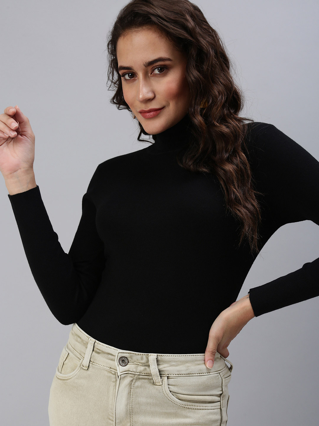 

SHOWOFF Women Black Acrylic High Neck Top