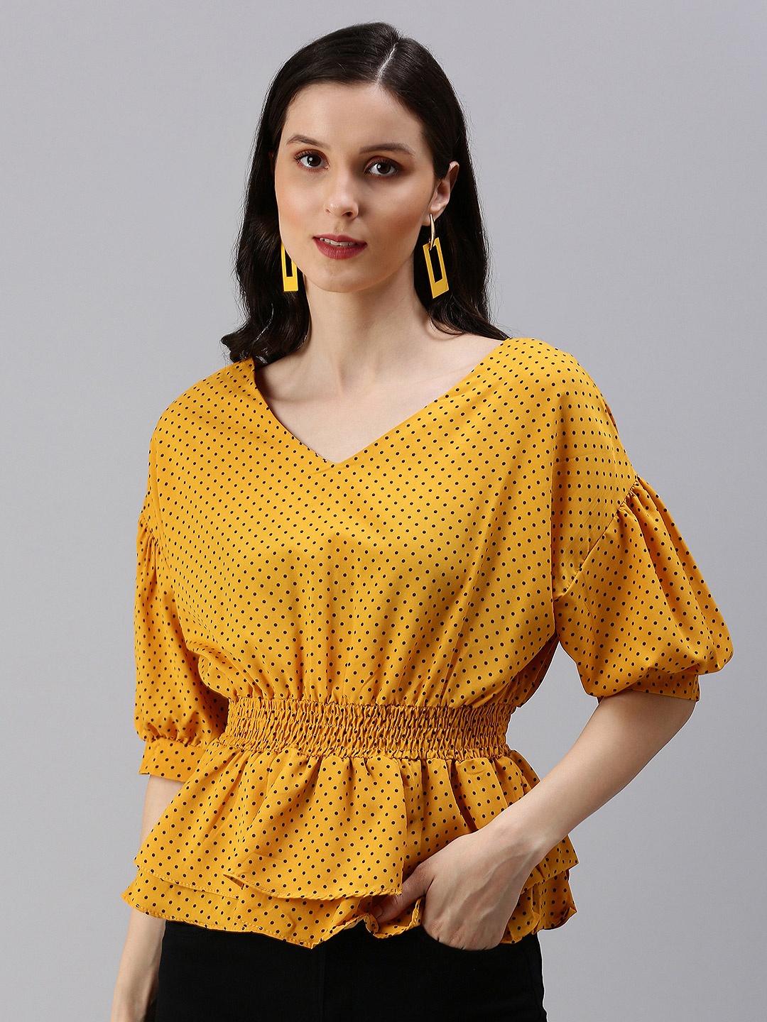 

SHOWOFF Women Mustard Yellow Print Crepe Cinched Waist Top