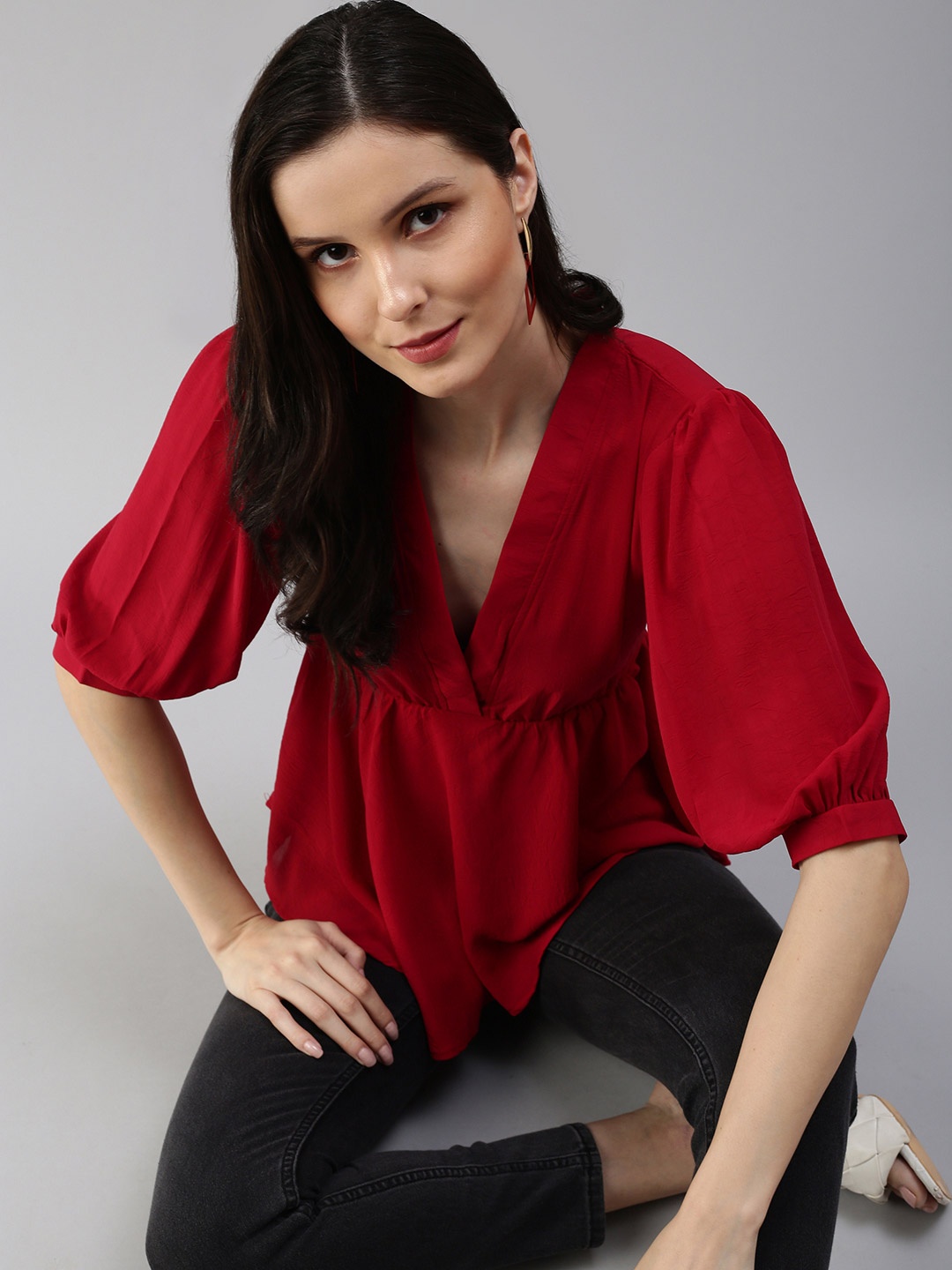 

SHOWOFF Women Red Georgette Peplum Top