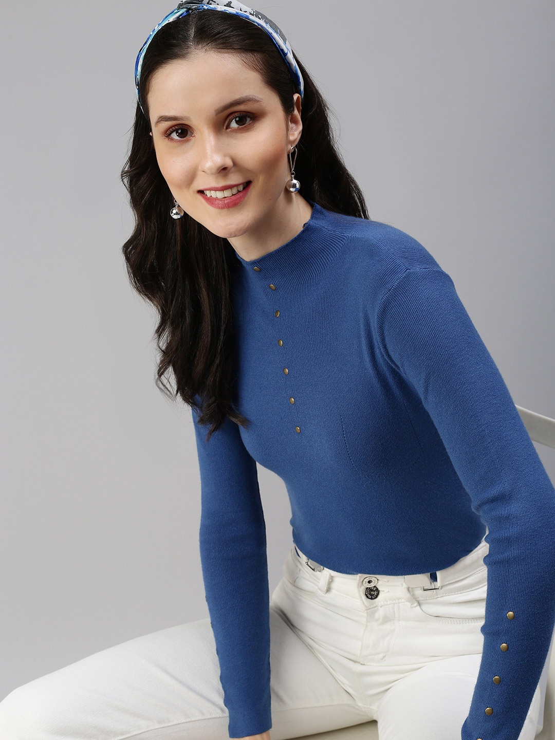 

SHOWOFF Blue Studded Fitted High Neck Top