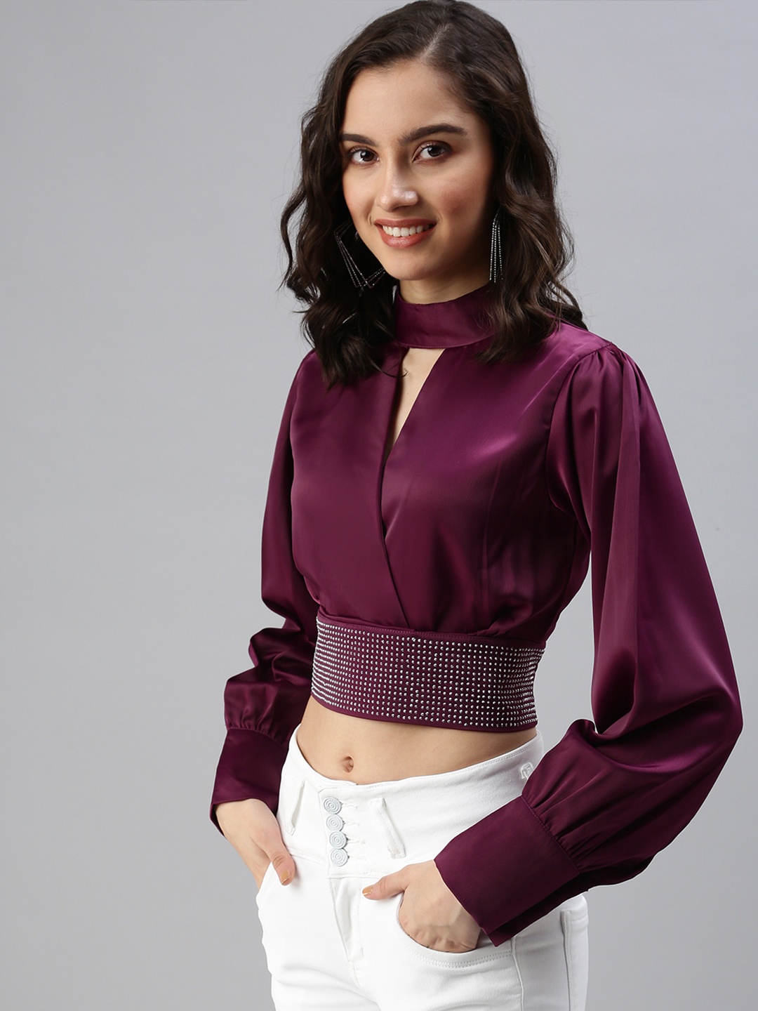 

SHOWOFF Magenta Embellished Choker Neck Cinched Waist Crop Top