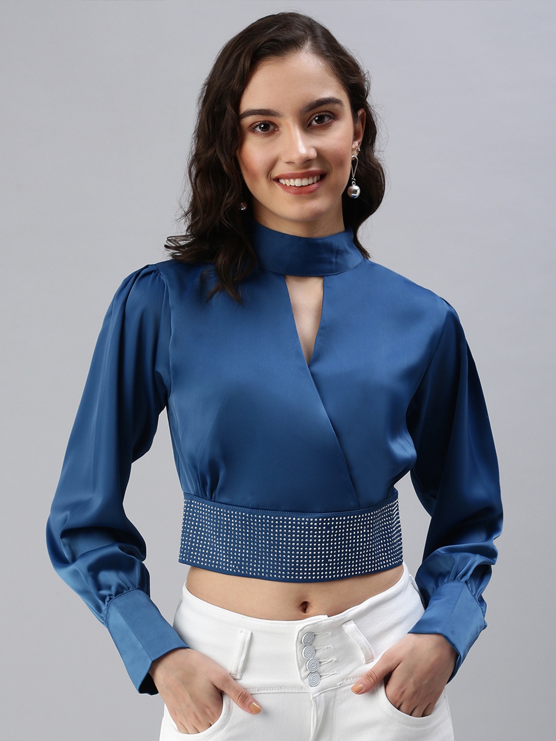 

SHOWOFF Women Blue Wrap Embellished Cinched Waist Blue Choker Neck Crop Top