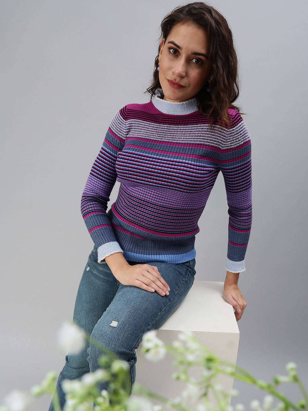 

SHOWOFF Women's Purple Striped High Neck Top
