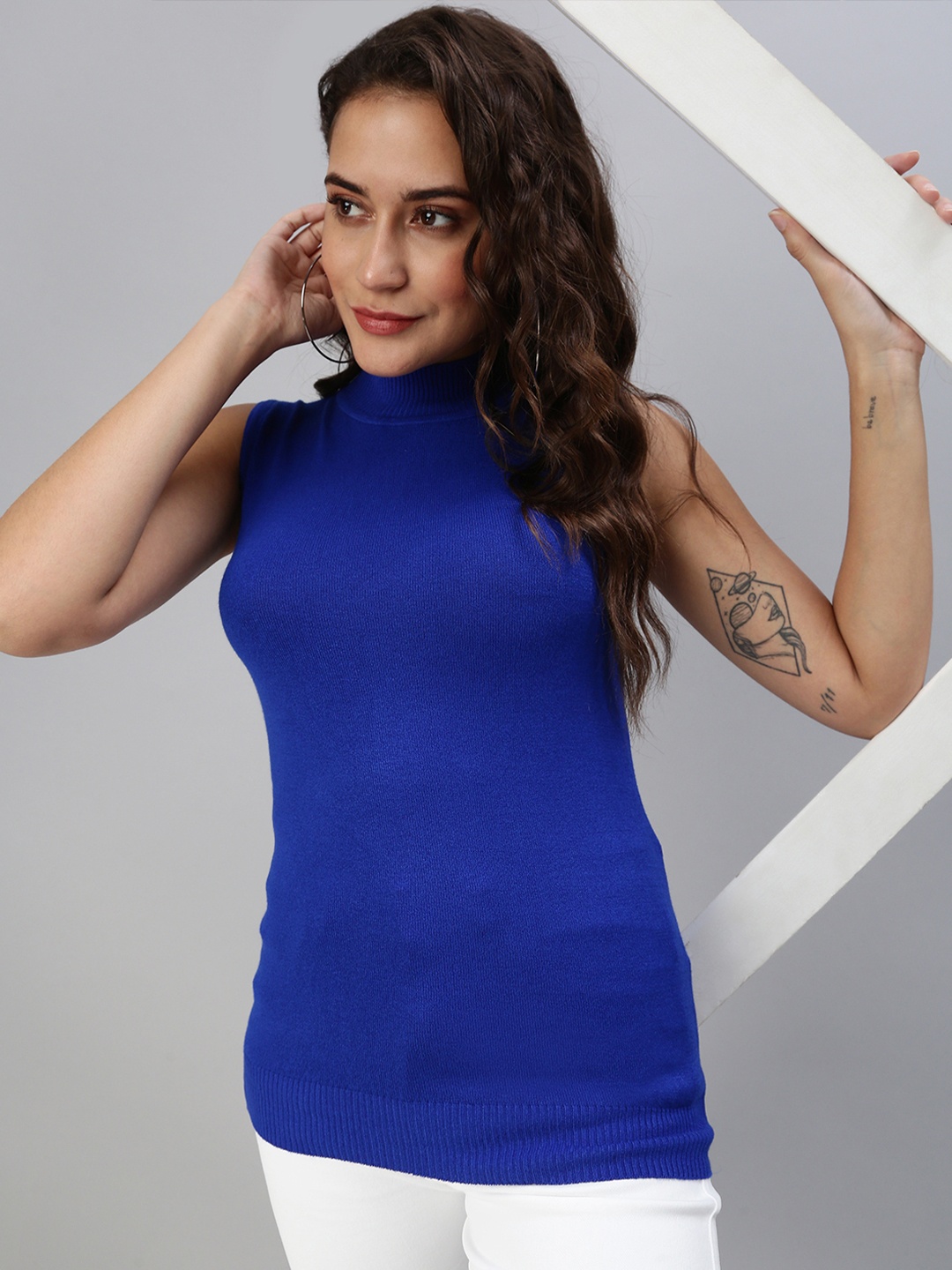 

SHOWOFF Blue Solid High Neck Fitted Top