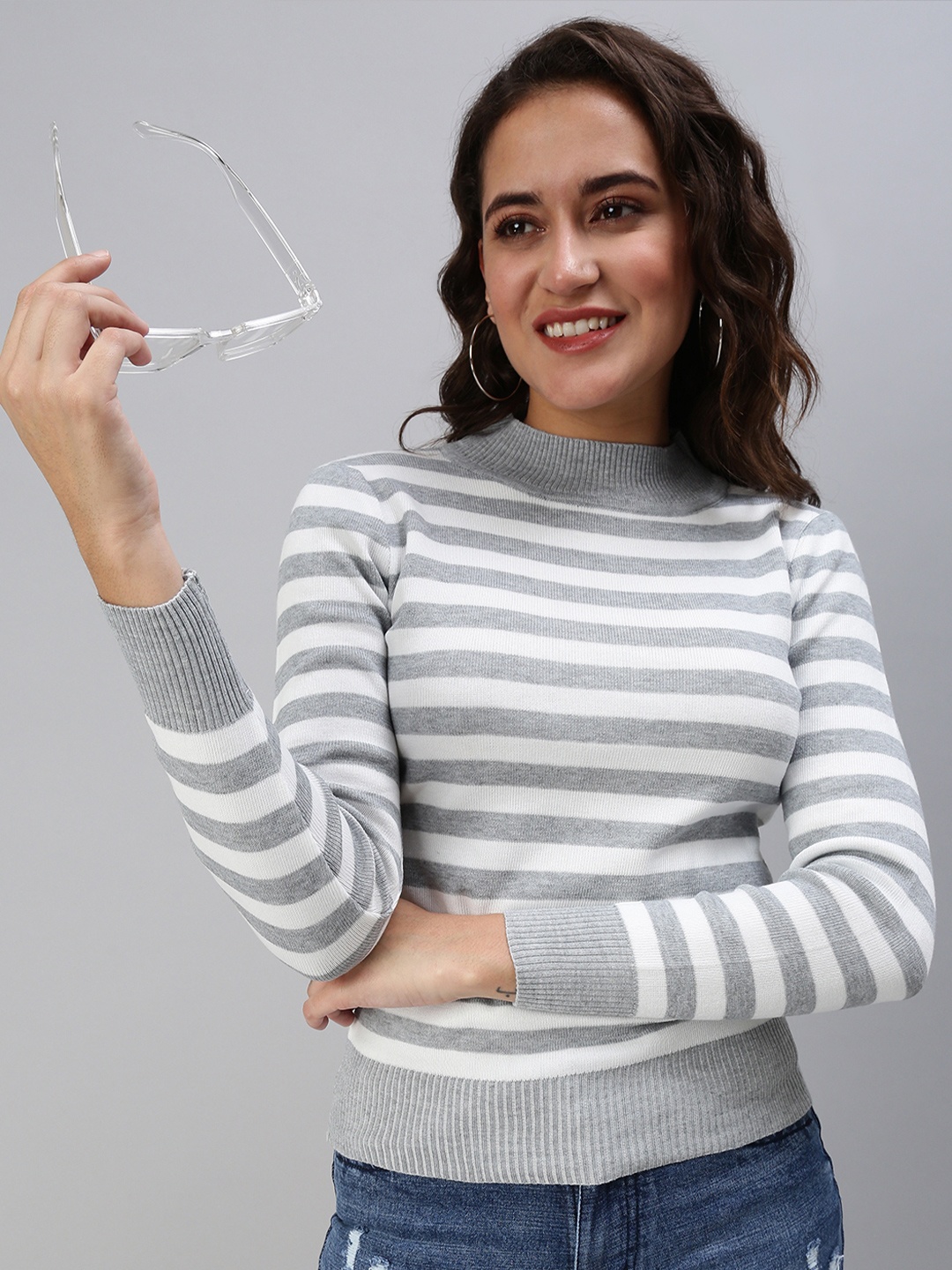 

SHOWOFF Grey & White Striped Top