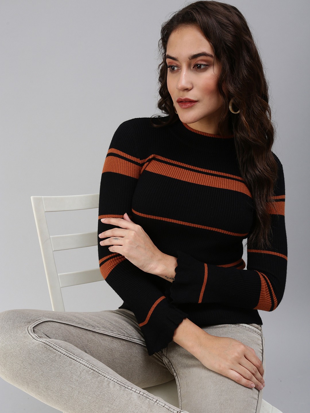 

SHOWOFF Black & Rust Striped High Neck Top