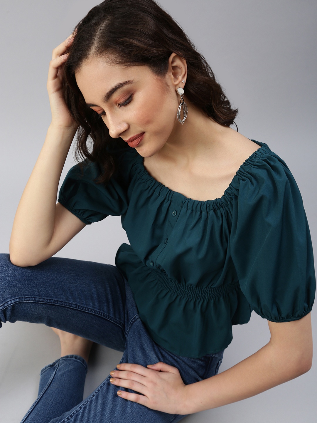 

SHOWOFF Green Crepe Cinched Waist Top