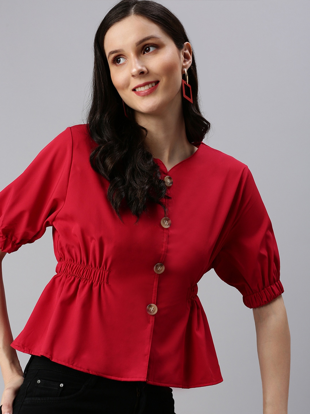 

SHOWOFF Red Crepe Cinched Waist Top