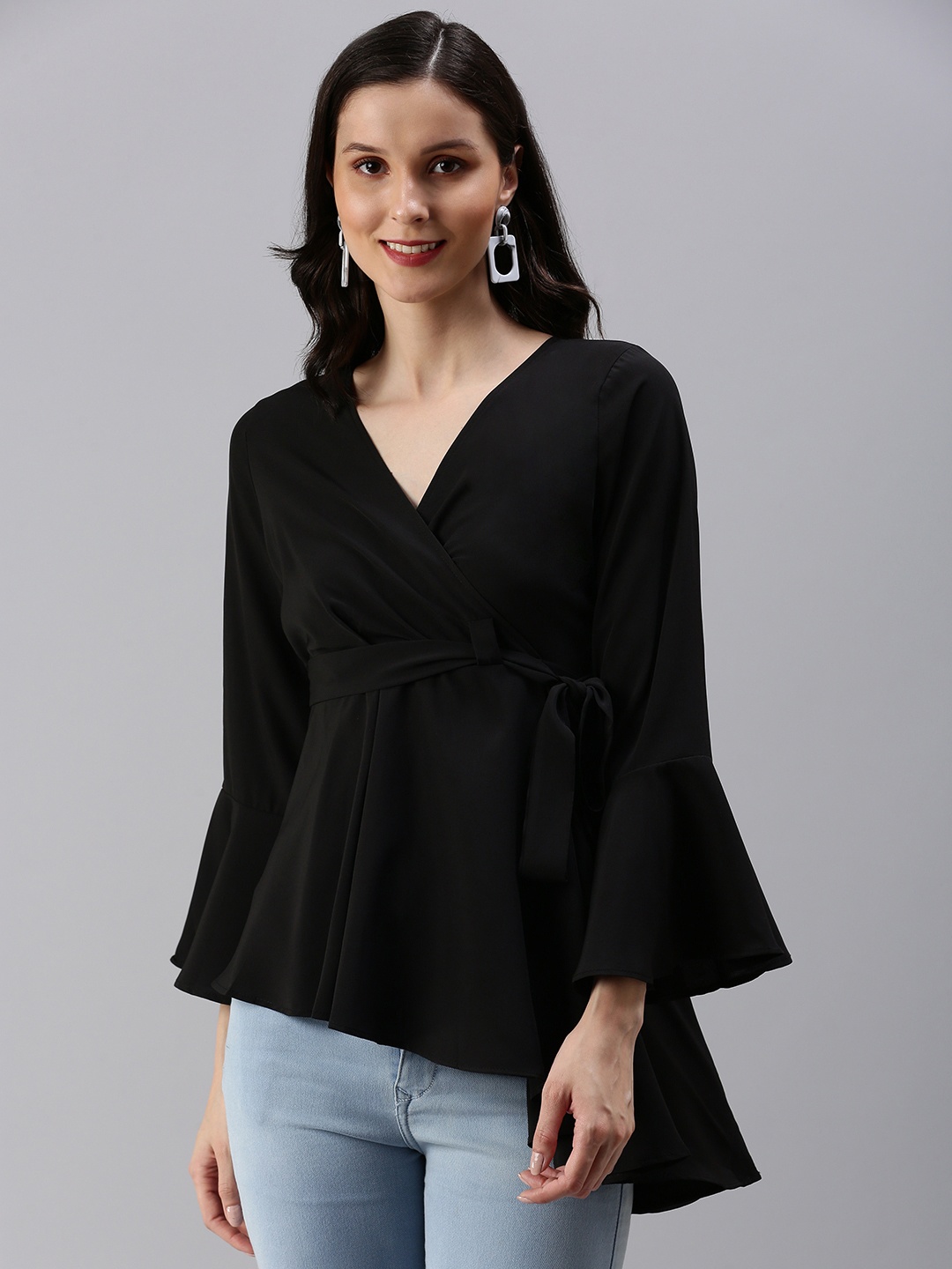 

SHOWOFF Women Black Crepe Wrap Top