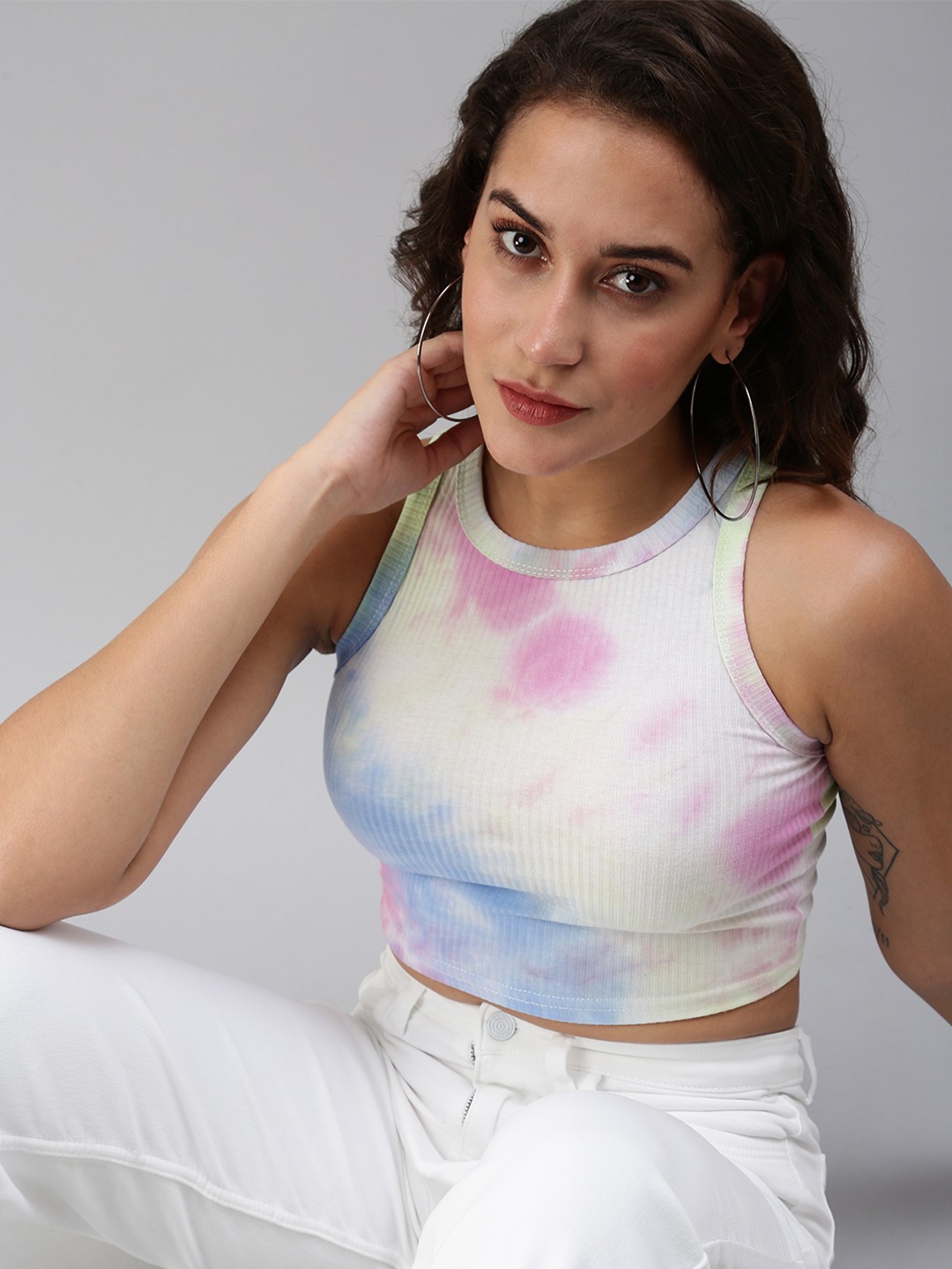 

SHOWOFF Women White & Pink Tie and Dye Crop Top