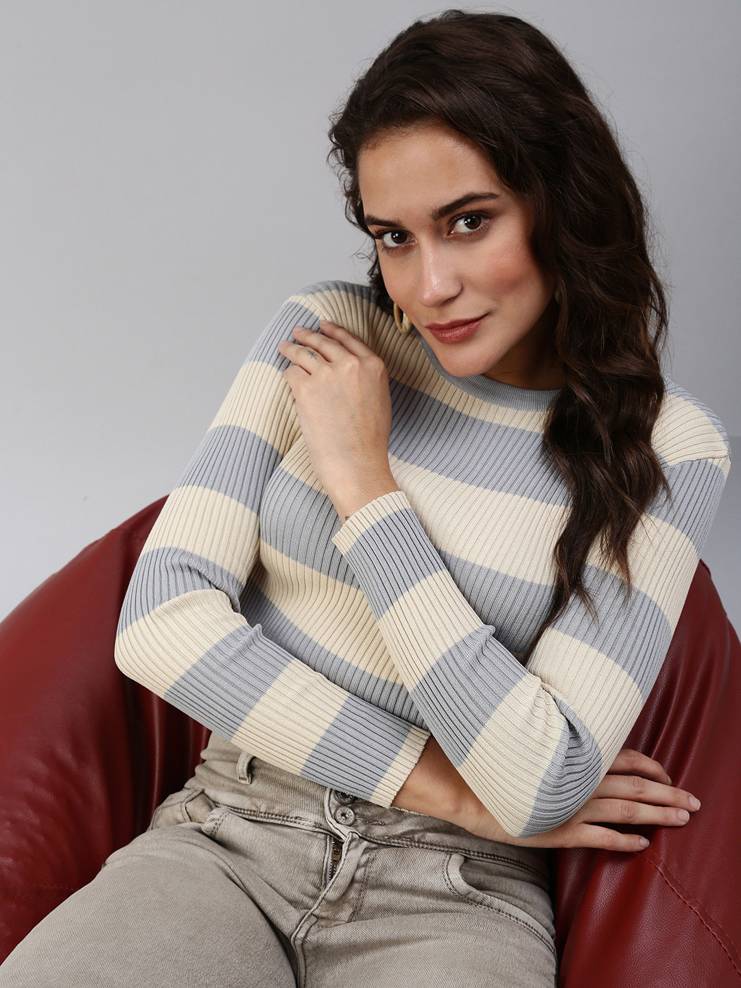 

SHOWOFF Women Grey & Cream-Coloured Striped Boxy Crop Top