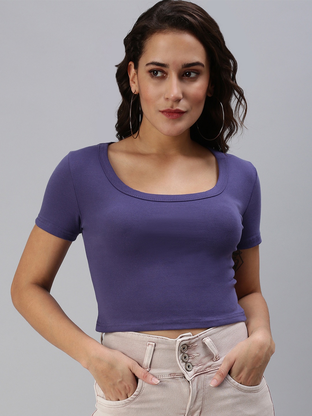 

SHOWOFF Blue Fitted Scoop Neck Crop Top