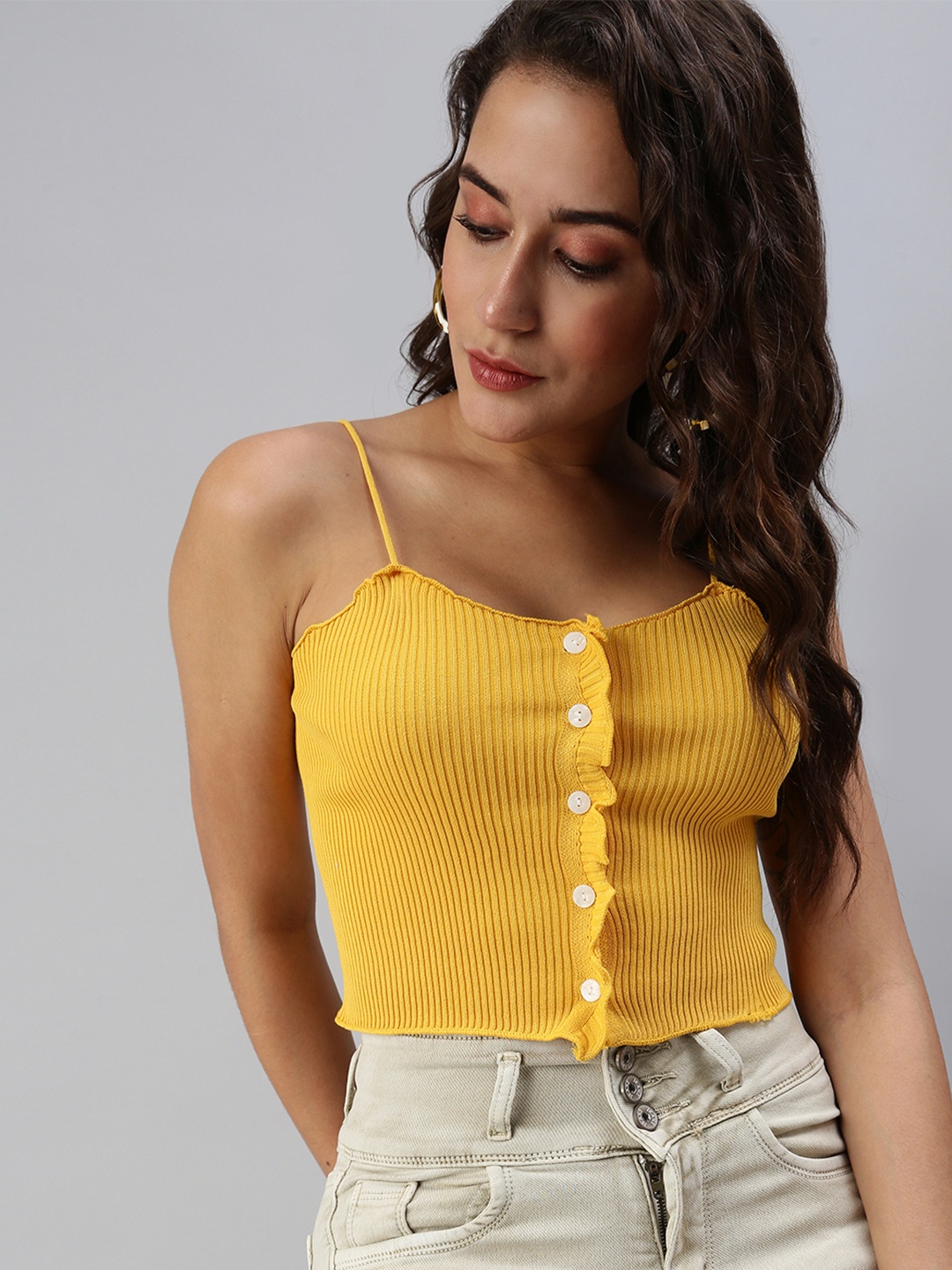 

SHOWOFF Yellow Striped Crop Top