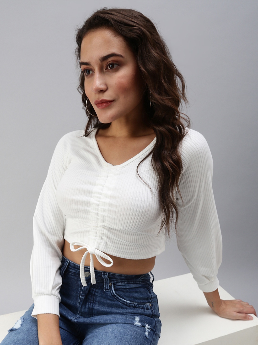 

SHOWOFF Womens Off White Solid Crop Top