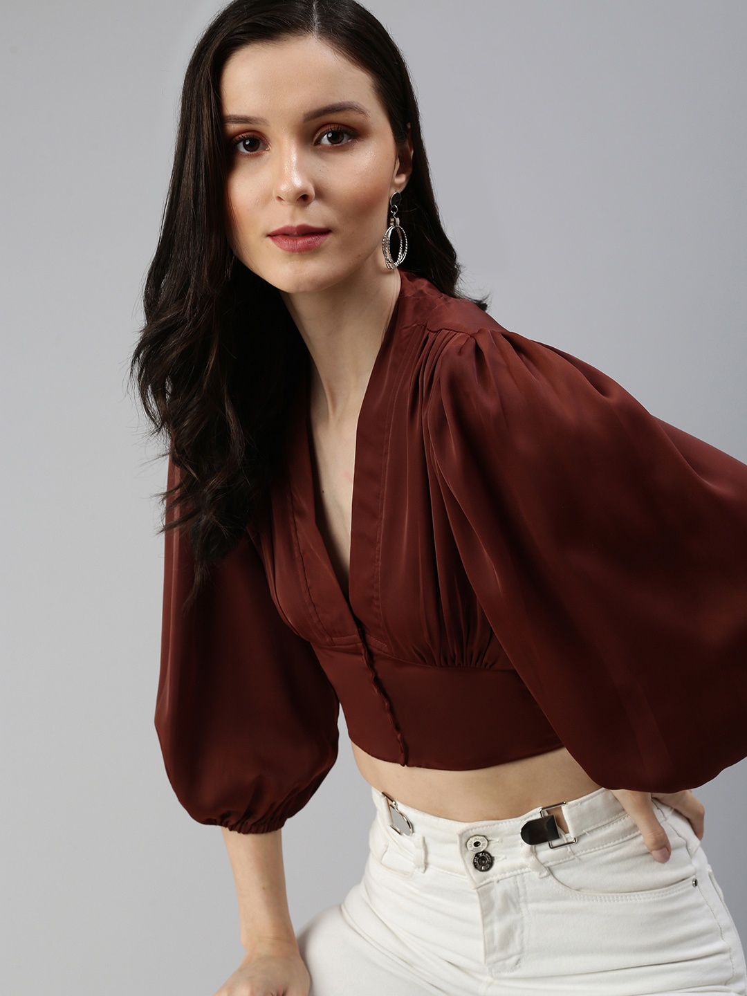 

SHOWOFF Brown Puff Sleeves Crop Top