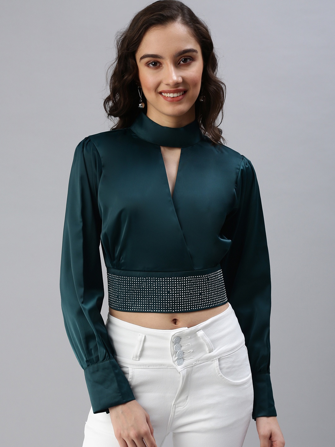 

SHOWOFF Teal Green Choker Neck Embellished Cinched Waist Crop Top