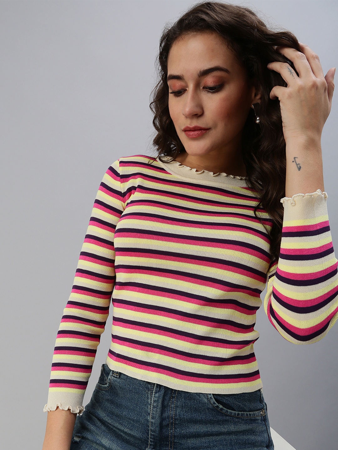 

SHOWOFF Beige Striped Sweetheart Neck Top