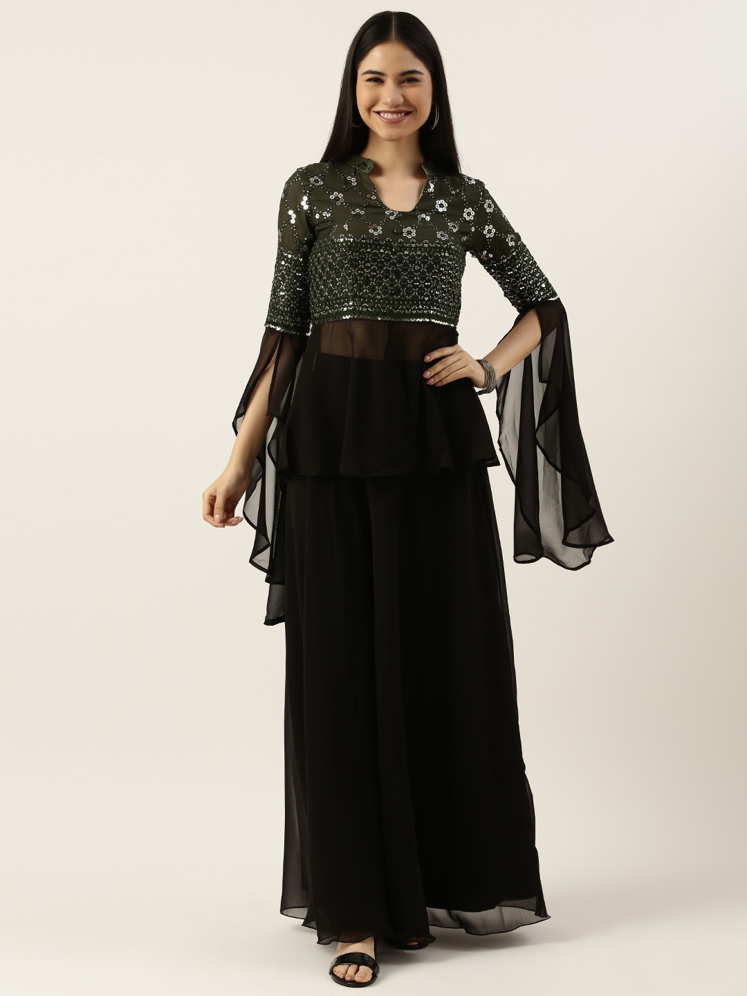 

Ethnovog Women Black Made To Measure Embroidered Top Skirt Set, Olive