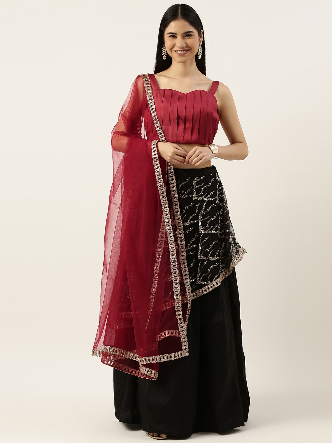 

Ethnovog Maroon Black Sequinned Made to Measure Lehenga Blouse With Dupatta