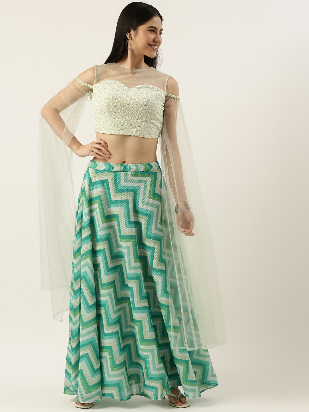 

Ethnovog Green White Embroidered Sequinned Made to Measure Lehenga Choli