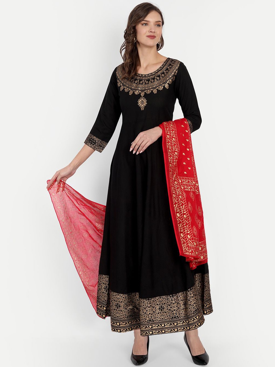 

FABISTA Women Black Ethnic Motifs Foil Print Anarkali Kurta With Dupatta