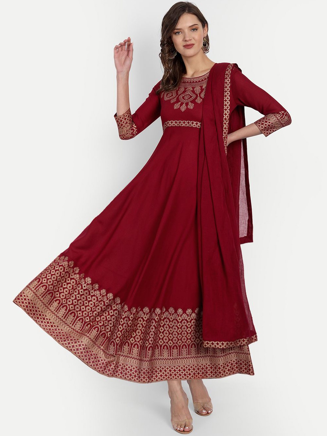 

FABISTA Women Maroon Ethnic Motifs Yoke Design Anarkali Kurta