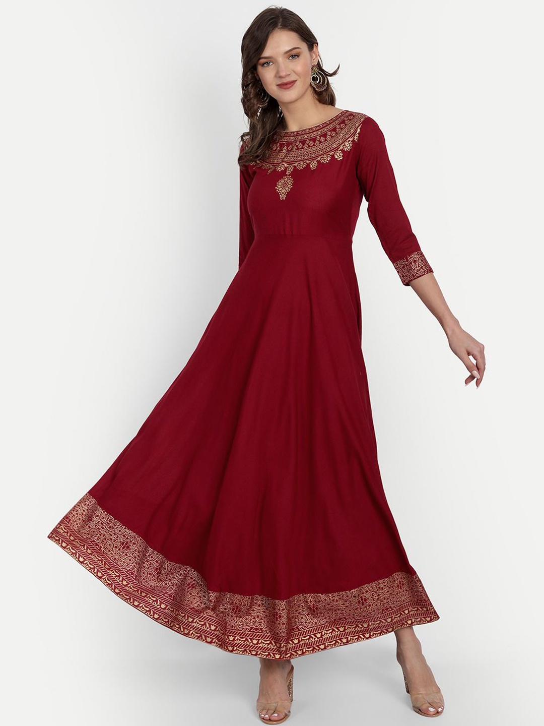 

FABISTA Women Maroon & Gold-Toned Ethnic Motifs Printed Anarkali Kurta