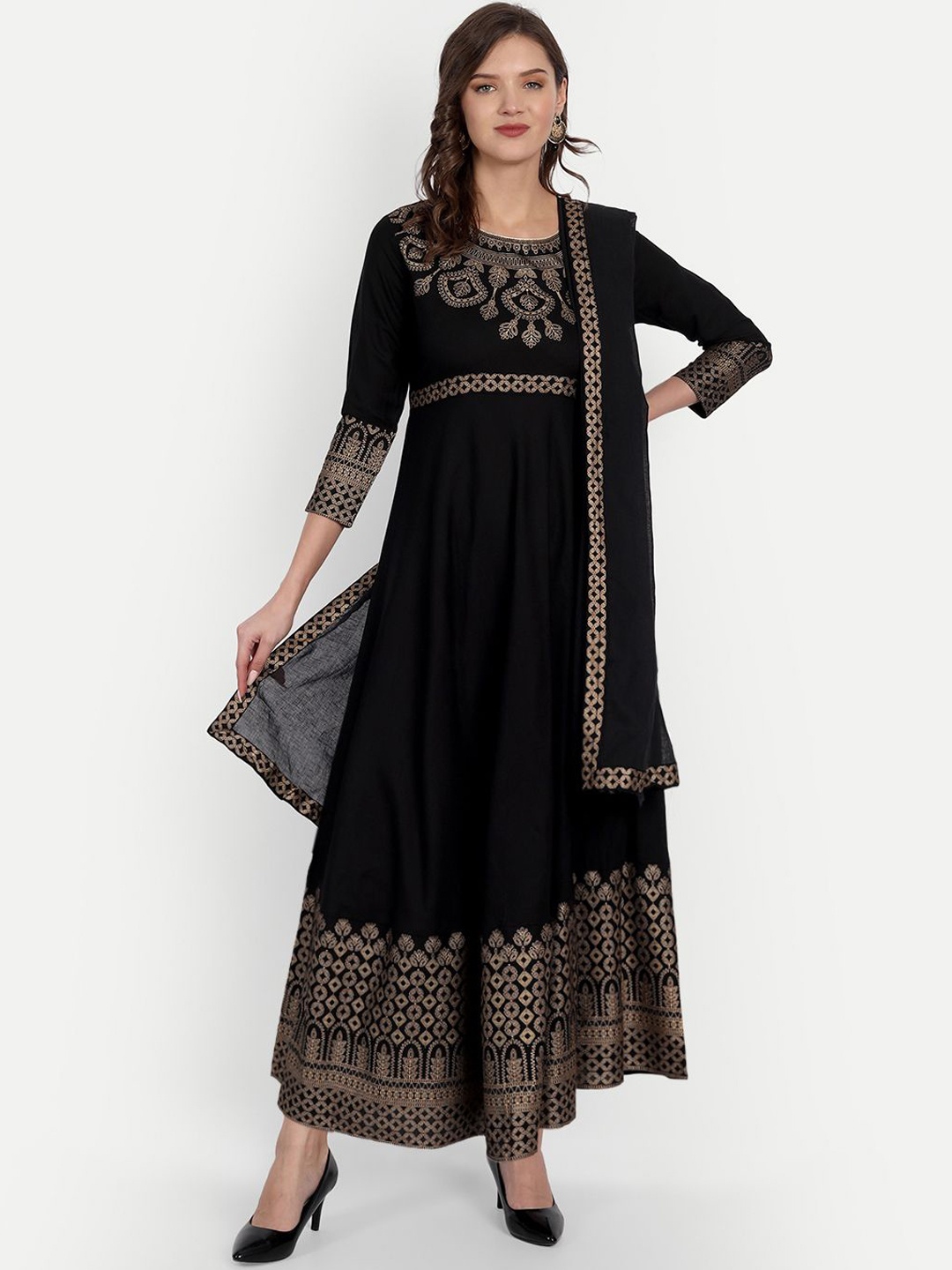 

FABISTA Women Black Ethnic Motifs Yoke Design Anarkali Kurta With Dupatta
