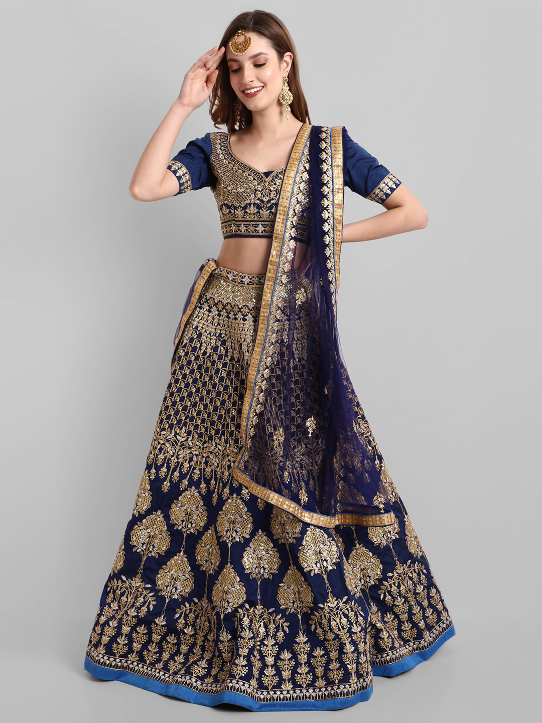 

TIKODI Blue & Gold-Toned Embroidered Sequinned Semi-Stitched Lehenga & Unstitched Blouse With Dupatta