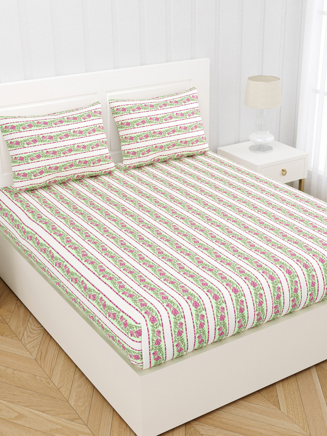 

JAIPUR FABRIC Green & Pink Floral 300 TC King Bedsheet with 2 Pillow Covers