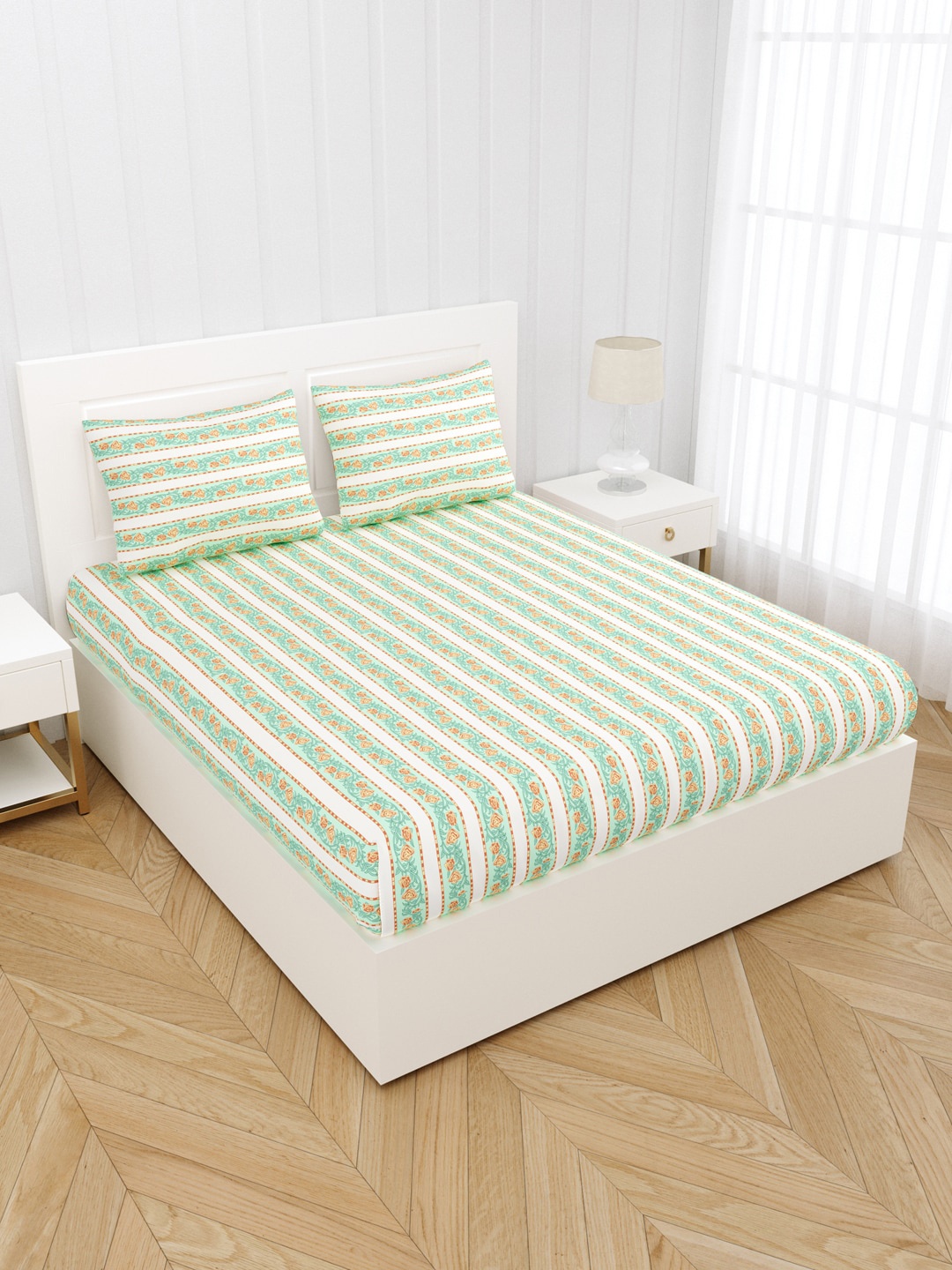 

JAIPUR FABRIC Green & Yellow Floral 300 TC King Bedsheet with 2 Pillow Covers