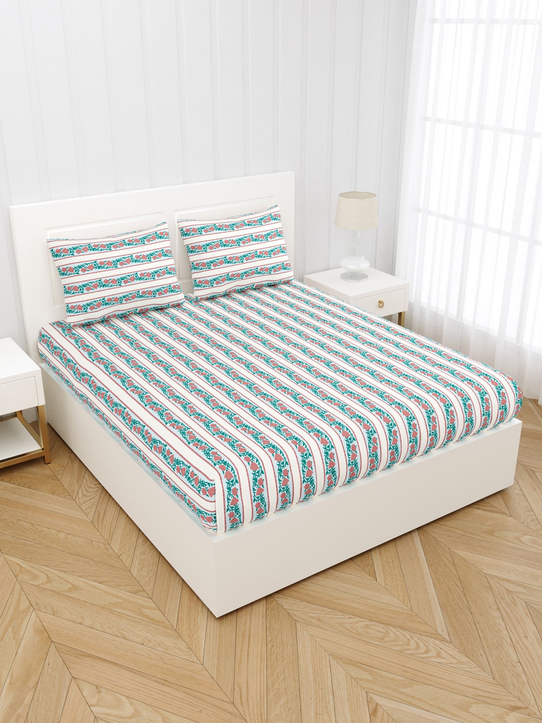 

JAIPUR FABRIC Peach-Coloured & Blue Floral 300 TC King Bedsheet with 2 Pillow Covers