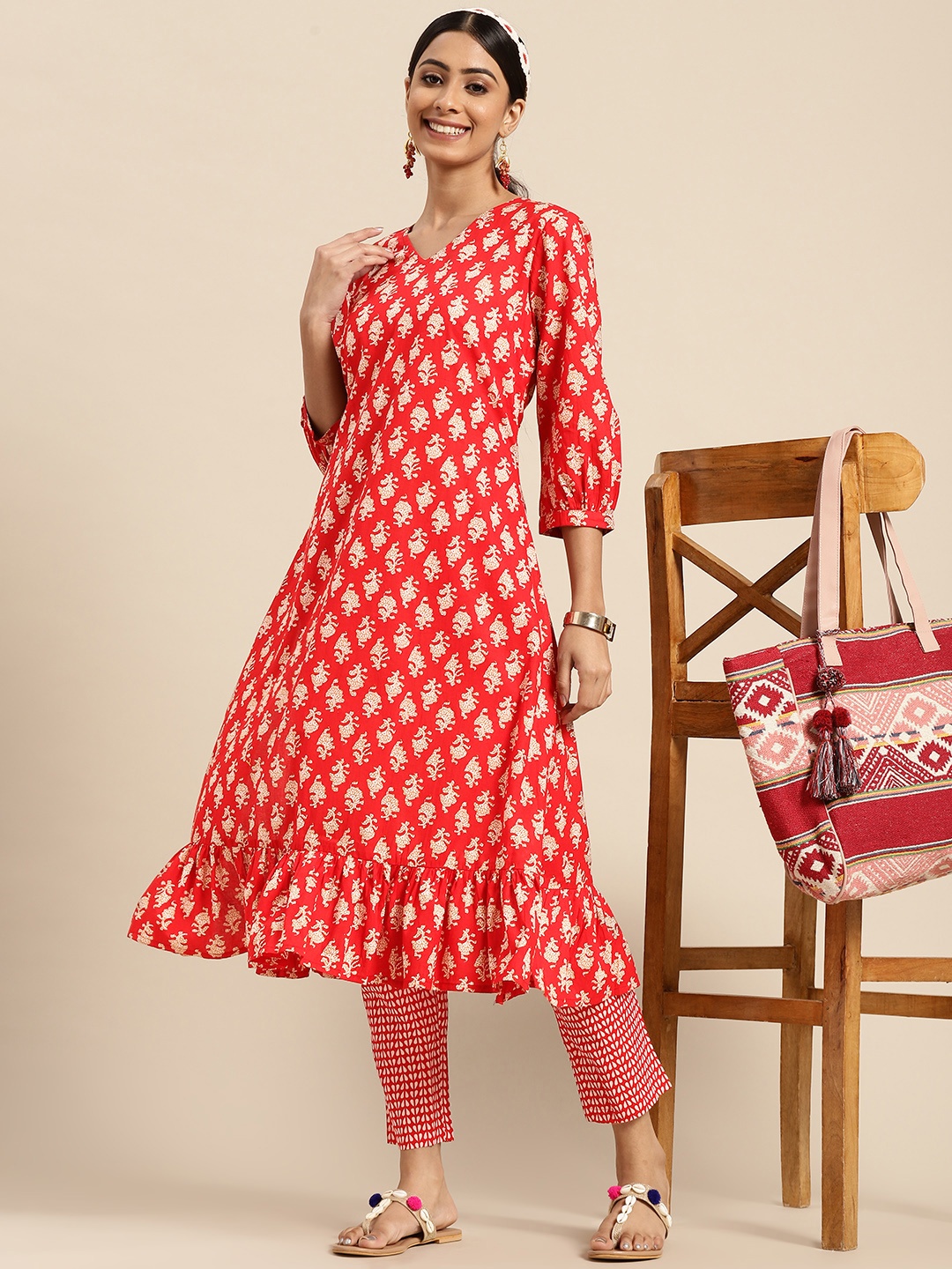 

Sangria Women Rust Ethnic Motifs Printed Pure Cotton Kurta with Trousers