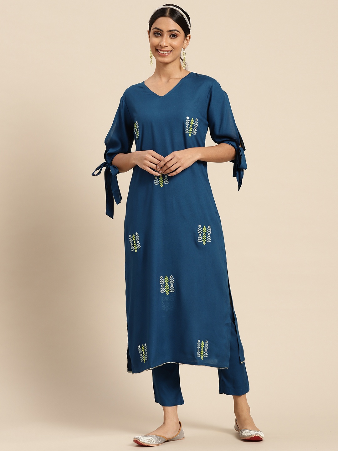 

Sangria Women Teal Floral Embroidered Mirror Work Kurta with Trousers