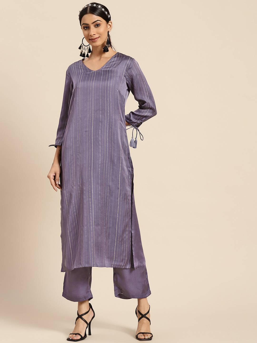 

Sangria Women Purple Striped Thread Work Kurta with Palazzos