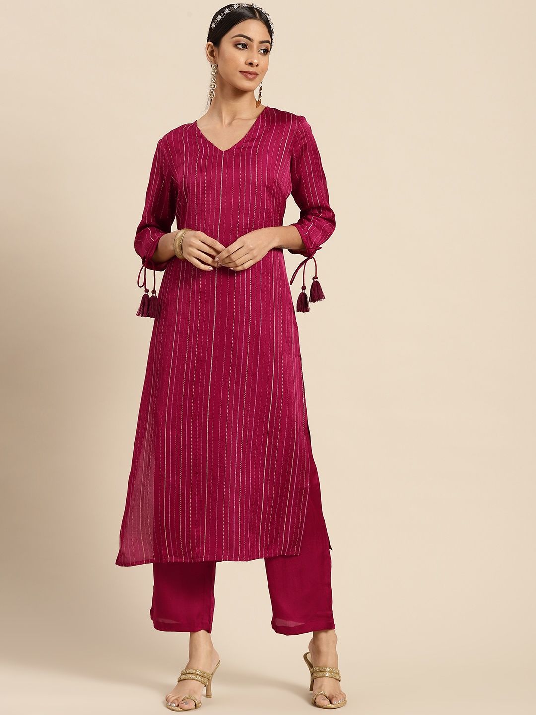 

Sangria Women Maroon Thread Work Kurta with Trousers