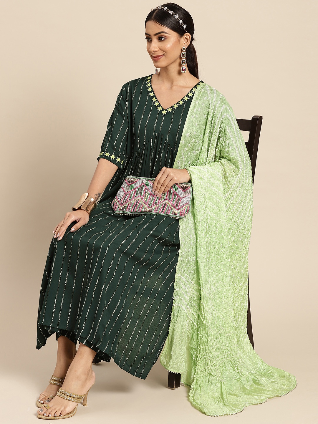 

Sangria Women Green Striped Thread Work Kurta with Trousers & With Dupatta