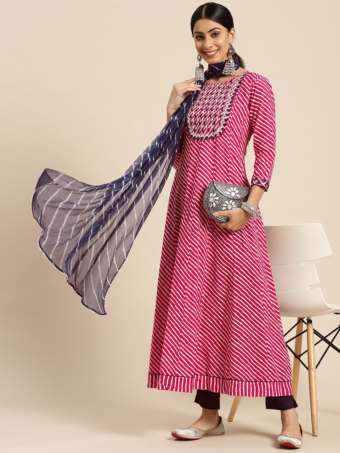 

Sangria Women Pink Leheriya Printed Panelled Gotta Patti Kurta with Trousers & With Dupatta