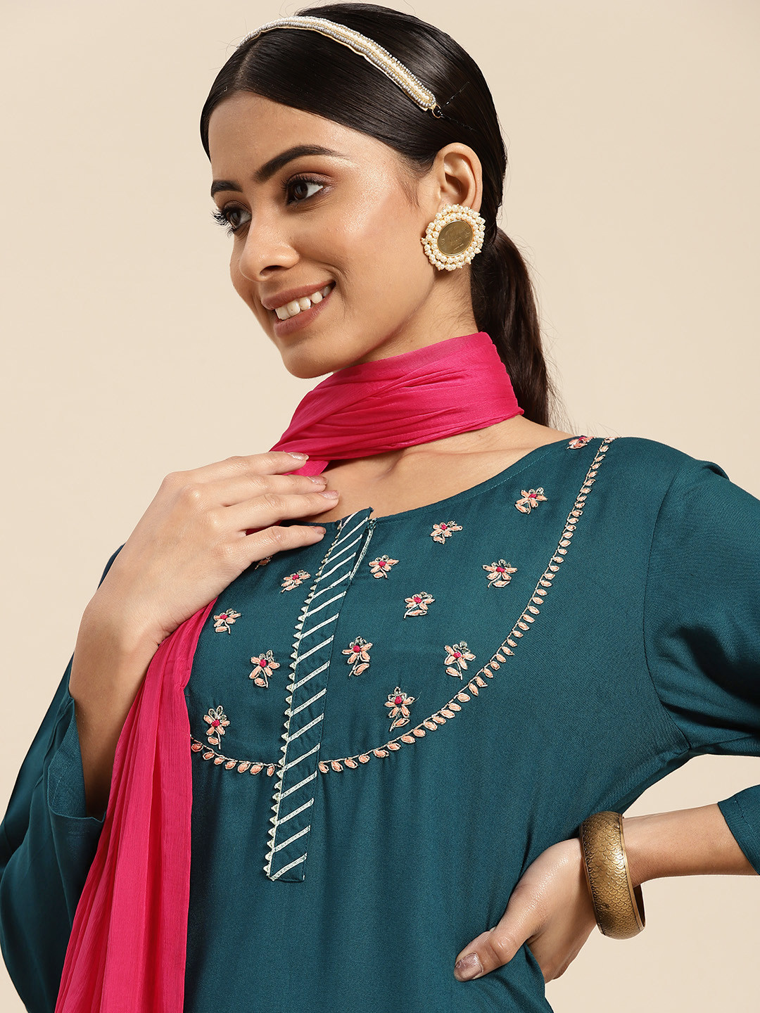 

Sangria Women Teal Floral Embroidered Gotta Patti Kurta with Trousers & With Dupatta