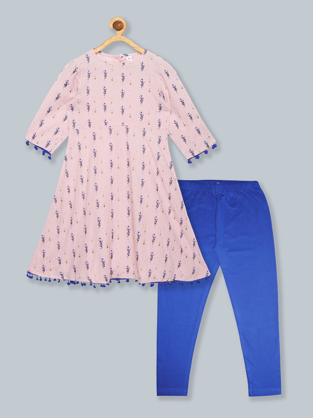 

KiddoPanti Girls Pink Printed Empire With Pom Pom Hem Kurta