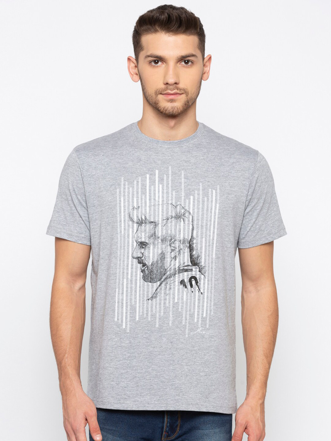 

Status Quo Men Grey Melange Printed Slim Fit T-shirt