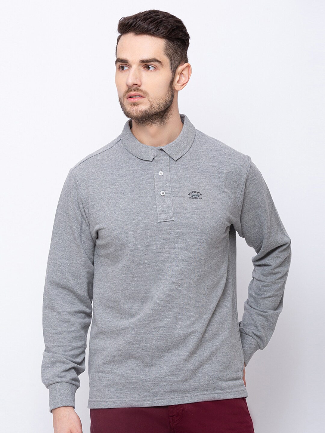 

Status Quo Men Grey Melange Polo Collar T-shirt