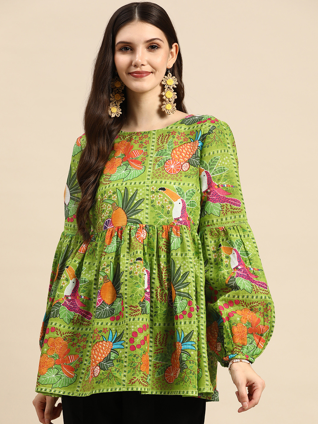 

Sangria Green & Pink Floral Print Cotton Cinched Waist Top